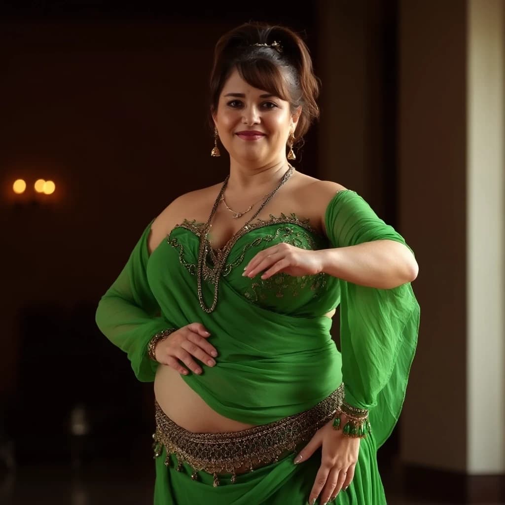 front view chubby belly dancer fifty years woman in green costume brown short ponytail hair stand in hall
