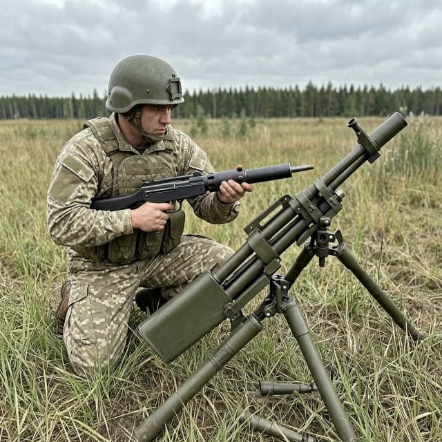 Боец русский в шлеме на поляне засовывает 120 мм. мину в ствол большого миномёта