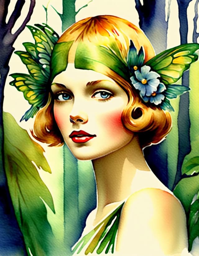 A real masterpiece. How artificial intelligence would depict: (Aesthetics: Impressionism. The image is made in watercolor technique. Art Deco and very beautiful forest nymph girls). Intense close-up. High resolution. High quality. Increased attention to small details. Hyperrealistic style of surrealism, impressionism, fabulous book graphics. Increased attention to the smallest details and texture. The author is Alphonse Mucha.