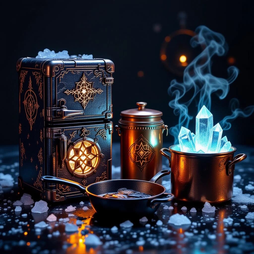 A fantasy-themed kitchen set consisting of a mini-fridge, a canister, a generator, a skillet, and a stockpot. All items are made of forged iron, aged copper, and glowing crystal. Runic engravings, steam and frost effects. Product photography style, dark background with rim lighting, highly detailed, 4k, fantasy concept art.