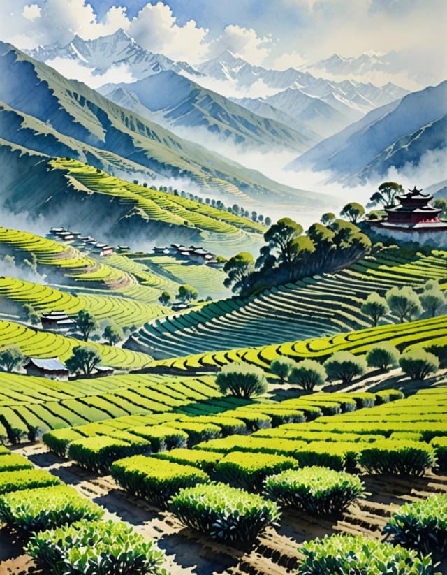 A masterpiece. Create an image. The style is watercolor painting. ((tea plantations in the morning haze in the mountainous landscapes of Tibet:1.6)). High resolution, high detail and clear texture. Close-up. High quality. Increased attention to small details. The aspect ratio is 3:4. The artist is Levitan.