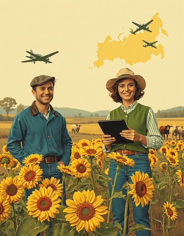 1950s American journal illustration, Norman Rockwell style, lithograph print texture, halftone dots, retro rural America, a smiling farmer man in a blue jacket and a woman in a green vest holding a tablet, sunflowers in foreground, stylized flat map of Russia with farmland, cows, sheep, stylized vintage airplanes and drones in the sky, saturn-like satellite, muted earthy colors, yellowish sepia tones, thick black outlines, flat shading, poster art, vintage agricultural advertisement