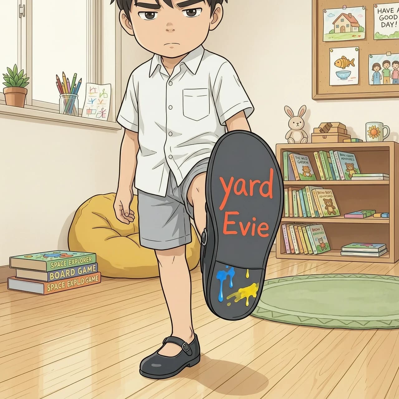 A anime eleven-year-old boy lifted his left foot, showing the sole of his shoe in place in his playroom. He was wearing a white shirt, shorts, and Mary Janes with dark gray soles. On the soles was drawn a childish yard. On the heels was drawn the boy's name - Evie. There are drops of paint on the heels. He has a unsmiling face