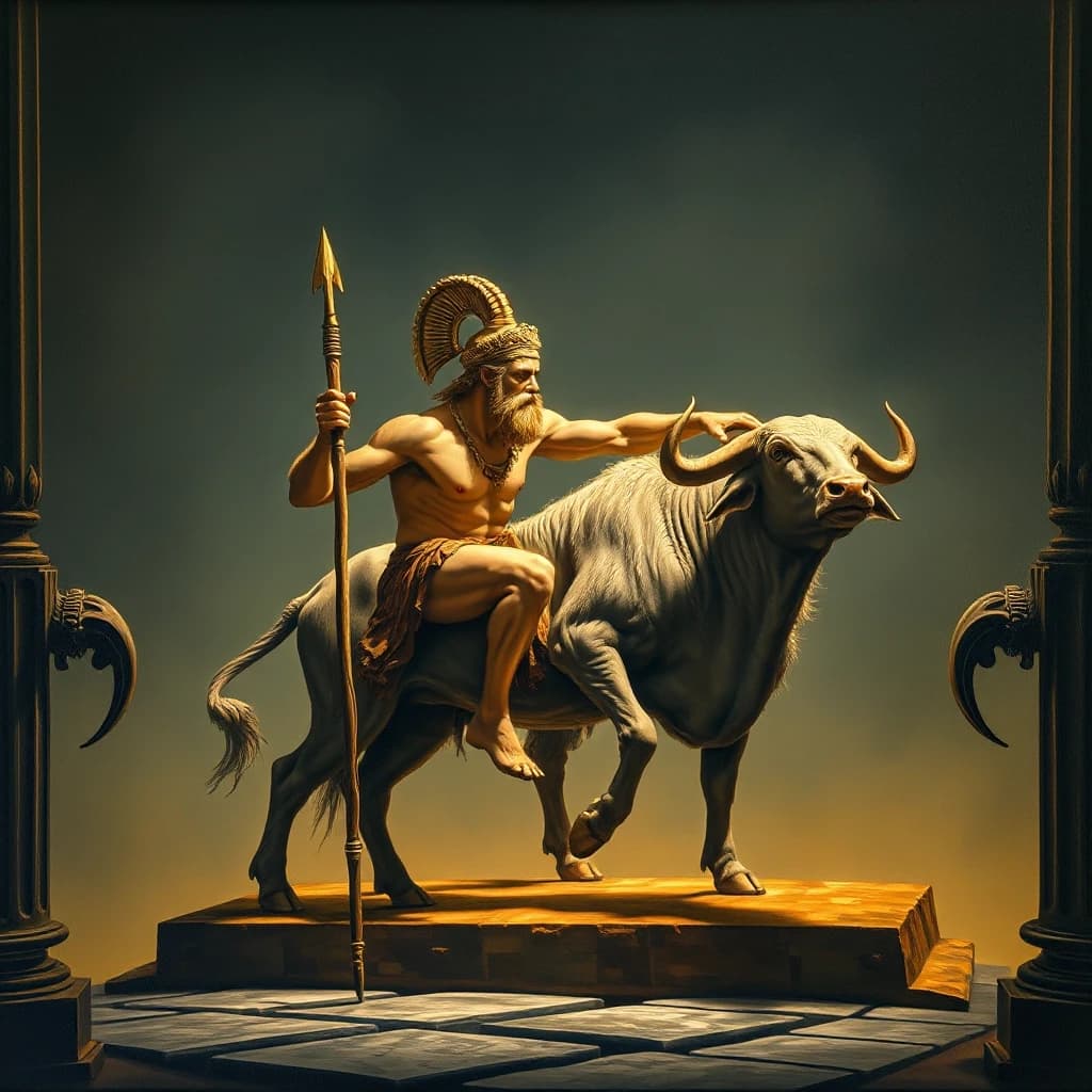 by Rembrandt van Rijn, Oil painting, cinematic shot of a "Hercules Capturing the Cattle of Geryon", Foggy, Street Art, F/8, Instagram, highly detail, intense, glowing, perfect symmetry, striking, ambient illumination, enhanced quality, ambient, magic atmosphere, pure, extremely stylish, highly complex