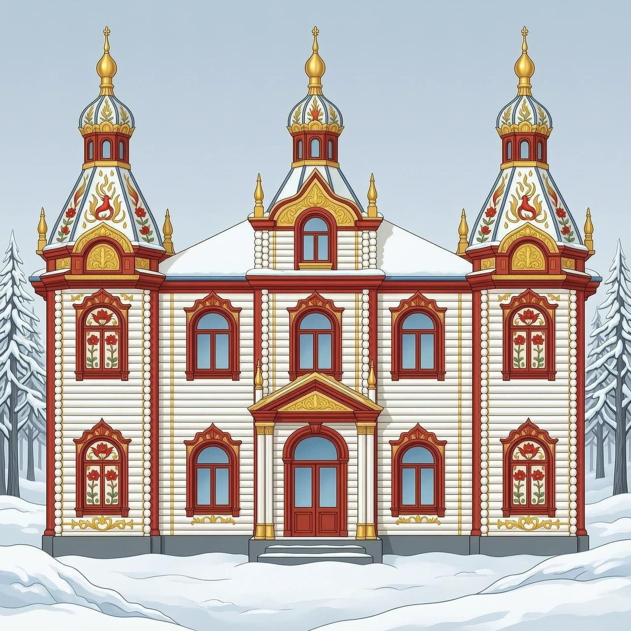 create a drawing of a tower, a royal estate, 2 floors, with turrets, kokoshniks, scarlet flowers and firebirds on tiles, carved columns, many colored murals on the facade, built in the style of Russian folk tales from round logs, with turrets, wide side extensions and arches; colors: many golden murals, white, red, with blue accents; fabulous style, bright colors, glossy gold patterns, carved shutters with three-dimensional patterns, many carved elements and patterns in the folk Russian style, reminiscent of the Summer Palace of Tsar Alexei Mikhailovich in the Kolomenskoye Museum Reserve, in the background — a winter fairy forest with snowdrifts; 3D illustration"Draw the house strictly full-face, without turns, so that the facade is fully visible, without a side corner." “Generate an image of the house facing forward, with the front facing the camera. Do not allow any tilt or angle.” “Draw the house frontally. Avoid three‑quarter or profile angles. “Focus on the facade: the entire house, without any rotations. Emphasize the symmetry and the frontal plane.
• Projection: there must be a clear frontal (orthogonal) projection.” It completely lacks perspective projections: the vertical logs extend strictly upward, while the horizontal lines of the cornices and floor extend strictly to the left and right, without the slightest tilt toward the vanishing point. The building looks absolutely flat, like an architectural design drawing or an ideal theatrical backdrop.
• Symmetry: the left and right sides of the tower are mirror images of each other relative to the central axis. The central tower, the porch, and the roof ridge are aligned on the same straight line.
• Composition (wide format): the image is panoramic. The entire facade is visible from the edge of the left wing to the edge of the right one. The low horizon line allows the building to be shown in its full two‑story height with towers, without cutting off the roof.
• Facade details:
• Walls: massive crowns made of round white logs.
• Decor: a continuous carpet of glossy gold painting on a white background, carved red window surrounds depicting fire‑birds and scarlet flowers.
• Shutters: the three‑dimensional carving rises above the wall surface, creating a complex interplay of light and shadow even under frontal lighting.
• Background: the winter forest is located far behind the house. Due to the lack of perspective, it seems as if the trees are glued to the background; they do not obscure the corners of the building and do not distort the perception of its strict geometry. Snowdrifts lie on the flat white field.