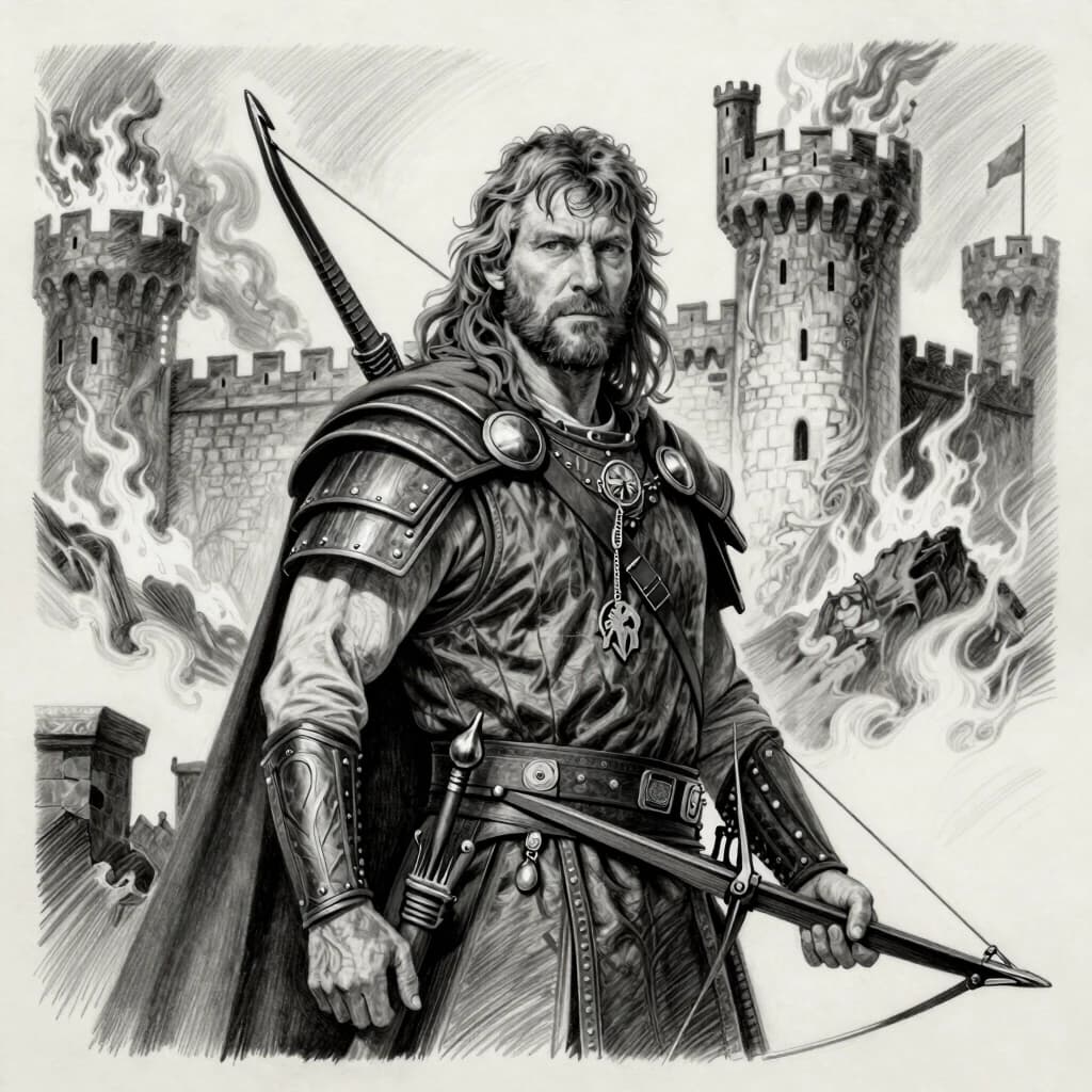 ALF Gordon Shumway в образе древнего воина с арбалетом на фоне горящего замка рисунок карандашом