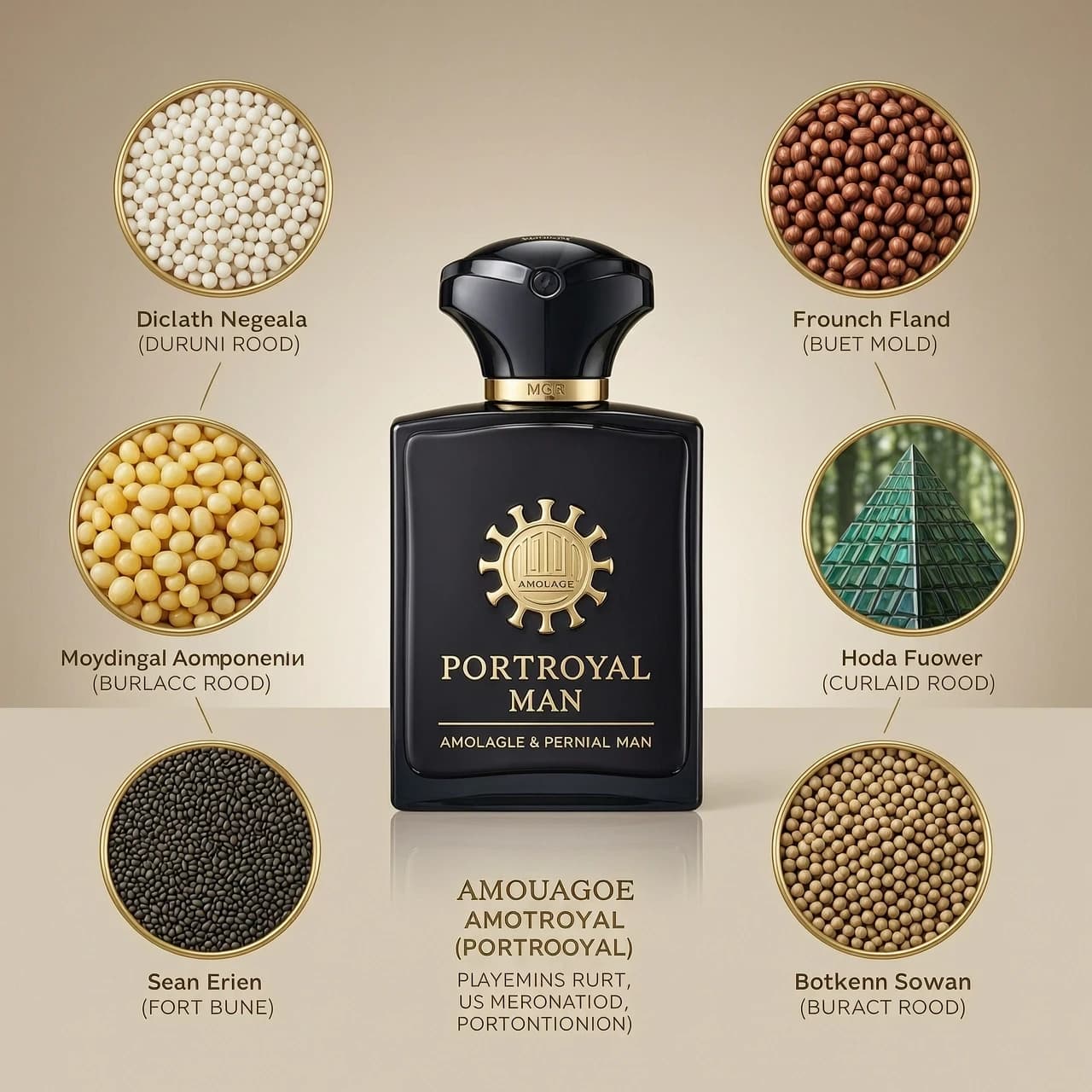 Изображение флакона духов Amouage Portroyal Man в окружении изображений компонентов из пирамиды этого аромата