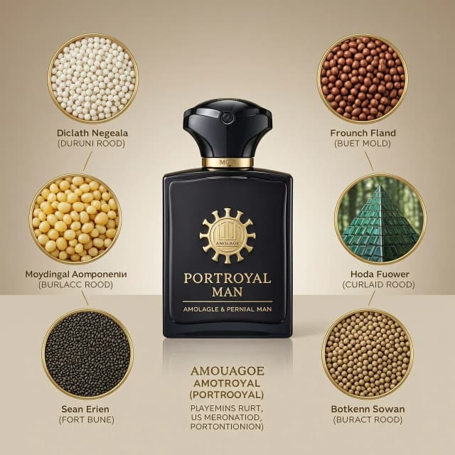 Изображение флакона духов Amouage Portroyal Man в окружении изображений компонентов из пирамиды этого аромата