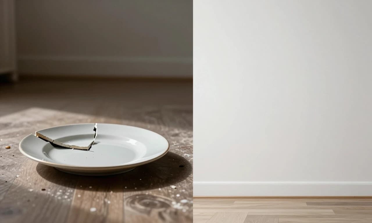 Split screen composition, left side — broken plate on the floor, dramatic lighting; right side — empty white wall with no decorations, diffused light, contrasting "loud breakup vs silent breakup", realistic, European interior details, 8k, --ar 16:9 --style raw