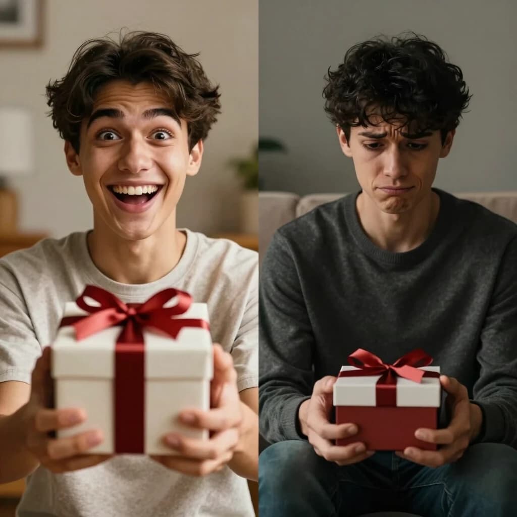 Cinematic photorealistic split-screen portrait. On the left side: a warm, brightly lit scene of a young person with a huge, excited smile, holding out a beautifully wrapped gift box with both hands, their eyes sparkling with confidence and pride, believing they have found the perfect gift. On the right side: a slightly darker, more muted scene of a different person (or the same person receiving) sitting on a sofa, holding the opened gift, their face showing a stiff, polite, forced smile while their eyes reveal mild disappointment and confusion. The gift in their hands is visibly odd and impractical. The contrast between the giver's joy and the receiver's hidden disappointment is dramatic. Emotional contrast, relatable, thought-provoking, warm and cool tones, shallow depth of field, 4:5 aspect ratio.
