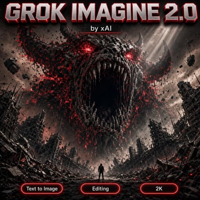 An intense, panoramic digital illustration in a gritty cyberpunk style, depicting a colossal Taotie, the ancient beast of gluttony, devouring a ruined metropolis. The gargantuan beast is formed of dark matter, floating concrete debris and glowing red glitch static, its giant terrifying jaw opening to reveal a void of absolute blackness. At the bottom of the composition a tiny human soldier stands in a ruined street, looking up in terror from an extreme low-angle perspective. Volumetric god rays cut through the dust, red and ash palette, epic scale. Over this artwork, as a clean square cover layout that fills the frame edge-to-edge with no border and no mockup: bold glowing modern 3D typography reading "GROK IMAGINE 2.0" across the top, crisp and perfectly legible, EXACTLY ONE line, appears only once, with a small clean tag "by xAI" directly beneath it, and along the bottom edge one row of three small rounded glowing badges labelled "Text to Image", "Editing", "2K". Nothing else is written anywhere in the image.