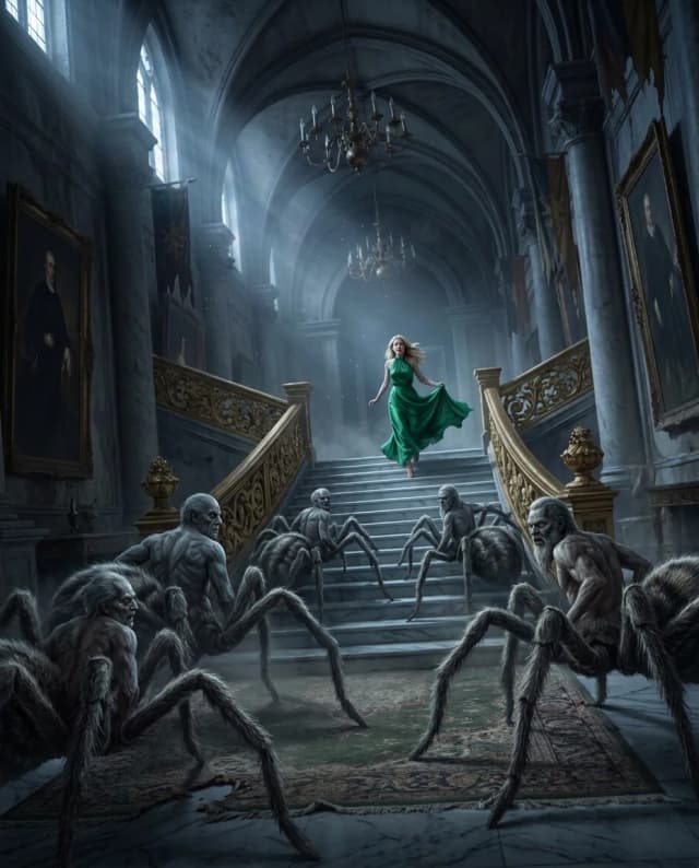 A cinematic scene in the genre of gothic fantasy and mystical thriller. A huge, luxurious palace hall with very high ceilings, giant arched windows, and massive columns. In the center of the hall is a wide grand staircase with richly decorated railings, marble steps, and decorative gold elements. Cold moonlight filters through the tall windows, creating long shadows on the floor.

On the upper landing of the staircase, an adult girl in a long emerald‑green dress is running away deeper into the palace. The edge of the dress flutters as she moves; one hand lifts the fabric to avoid tripping. The girl glances over her shoulder; her face shows intense fear and a desperate determination to find a way out.

 At the foot of the stairs, there are numerous fantastic arachnids. Each of them has the furry body of a spider, eight long legs, a human torso, and the head of an elderly man. They climb the stairs slowly and menacingly, surrounding the lower part of the staircase. Some of the creatures stand motionless, looking upward. Сделать арахнид крупнее.
