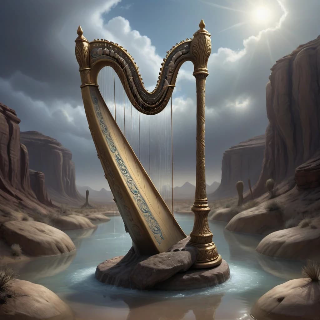 The image depicts a surreal and artistic scene set in a desert landscape under a cloudy sky. The central element is a large, ornate harp that appears to be metallic and embellished with intricate designs. Instead of traditional strings, the harp has what looks like vertical streams or strands of water cascading down. At the base of the harp, there are several glass orbs or containers that seem to be partially filled with water. The base of the harp blends into what appears to be a root-like structure, anchoring it to the desert floor.
On either side of the harp are stylized cacti that also seem to have a metallic or artificial construction, continuing the theme of the surreal and inorganic within the natural setting.
The sky is filled with puffy, light-colored clouds, providing a soft contrast to the warm tones of the desert. The overall color palette is muted, with earthy browns, tans, and blues dominating the scene. The style of the image is reminiscent of a surreal painting, potentially created digitally, with attention to detail and a dreamlike quality.
Styles: Surrealism, biomechanics, art nouveau.  You can add steampunk elements to the construction of the harp itself - vintage mechanisms, copper pipes, complex gears hidden in its metal base.
Artists: Salvador Dali, Jaime Heinrich, Alphonse Mucha, Frank Frazetta, Edward Cory.