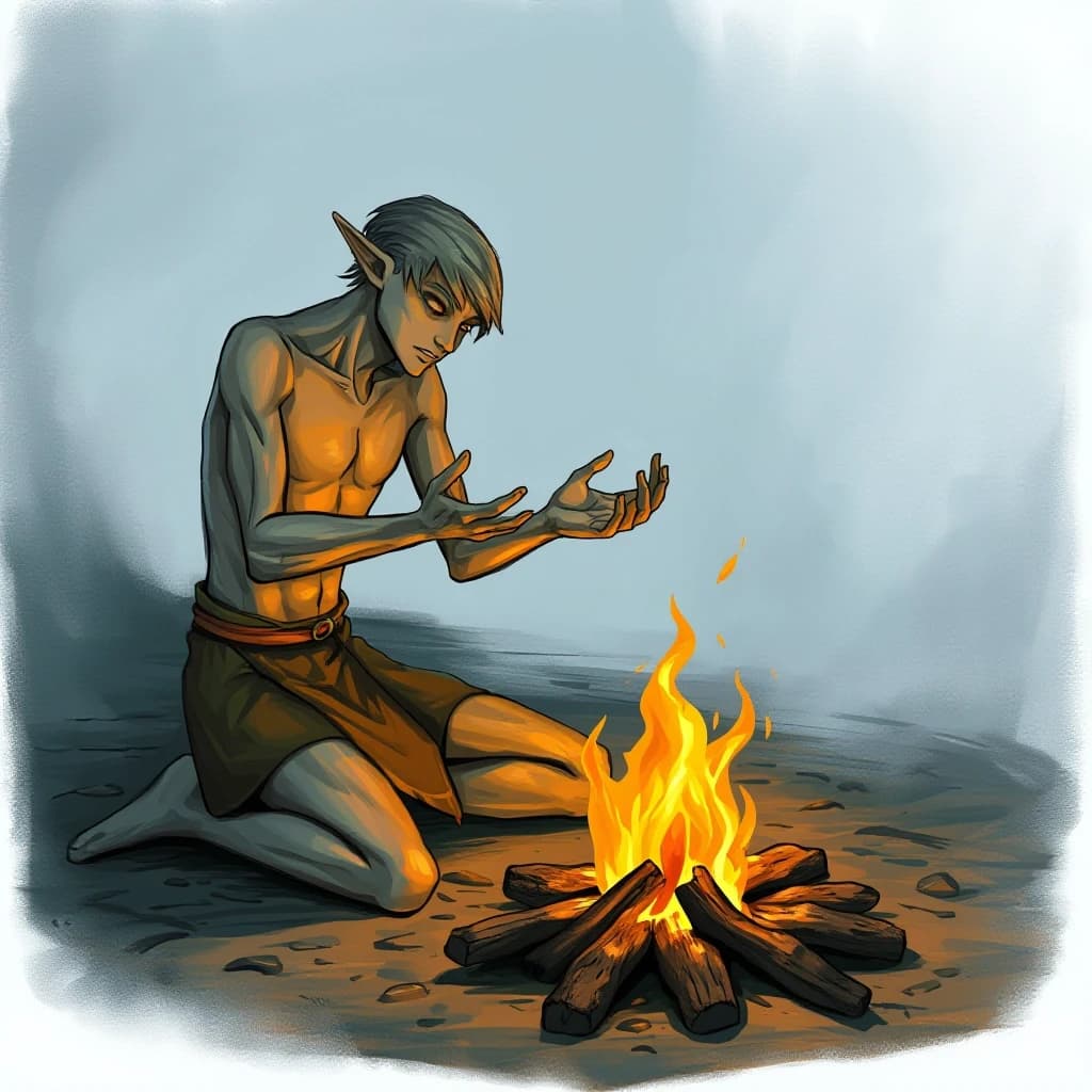 A slender, thin male elf is sitting on the ground, kneeling in front of a small campfire, and he is extending his hands toward it, palms facing the fire, to warm himself.