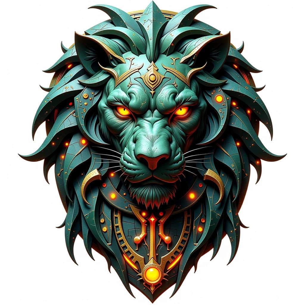 Mystical archaeo‑futurist logo for “Лев Маратович”: lion head as a carved stone bas‑relief covered with glowing glyphs and runes. Subtle holographic outline around the lion. Text in a stylized geometric font resembling alien inscriptions, slightly aged. Colors: dark emerald, bronze, deep grey, warm amber glow. Stone texture with patina and inner glow. Mysterious, ancient yet high‑tech vibe, clean white background, highly legible.