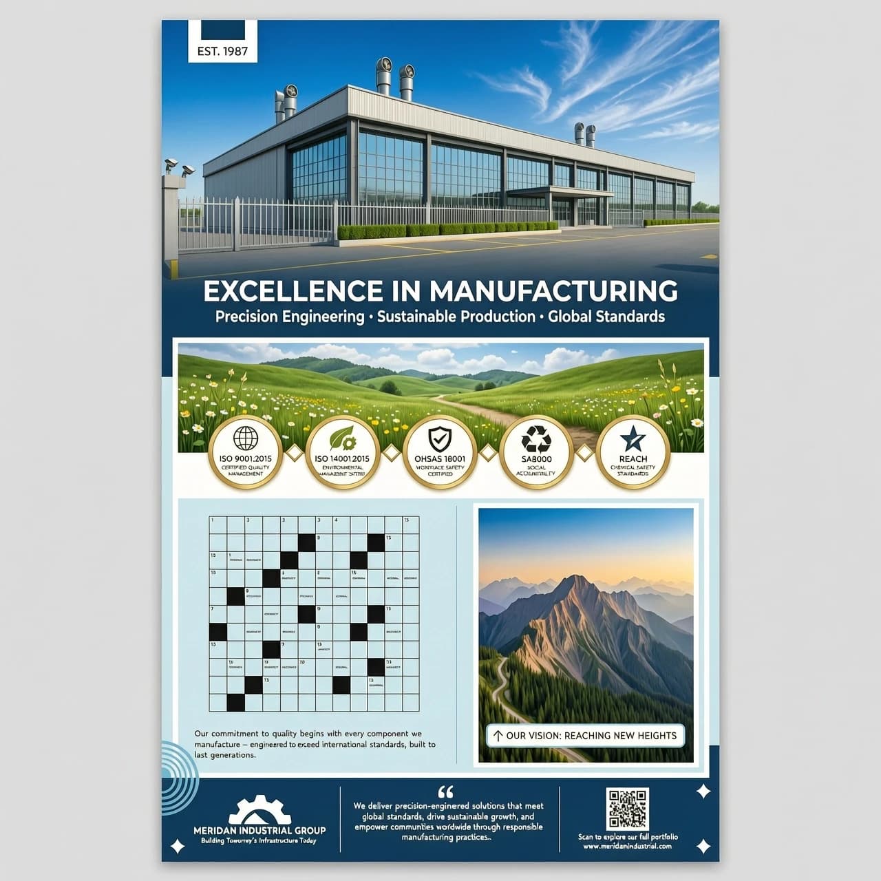 Vertical advertising module for a manufacturing company. Top part shows a modern industrial building under a blue sky. Middle part shows a green landscape with certification badges. Bottom part features a light blue background with a crossword puzzle grid and a mountain landscape image on the right. Include space for a company logo, mission statement, and QR code. Style: corporate, clean, high-resolution, professional layout, marketing materials, 4K.