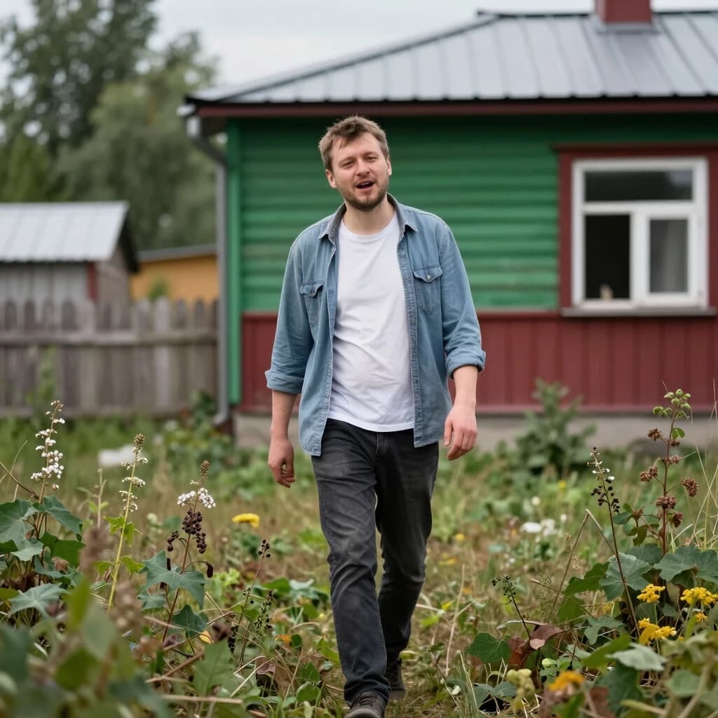 A man walks around a dacha overgrown with weeds and sings about it