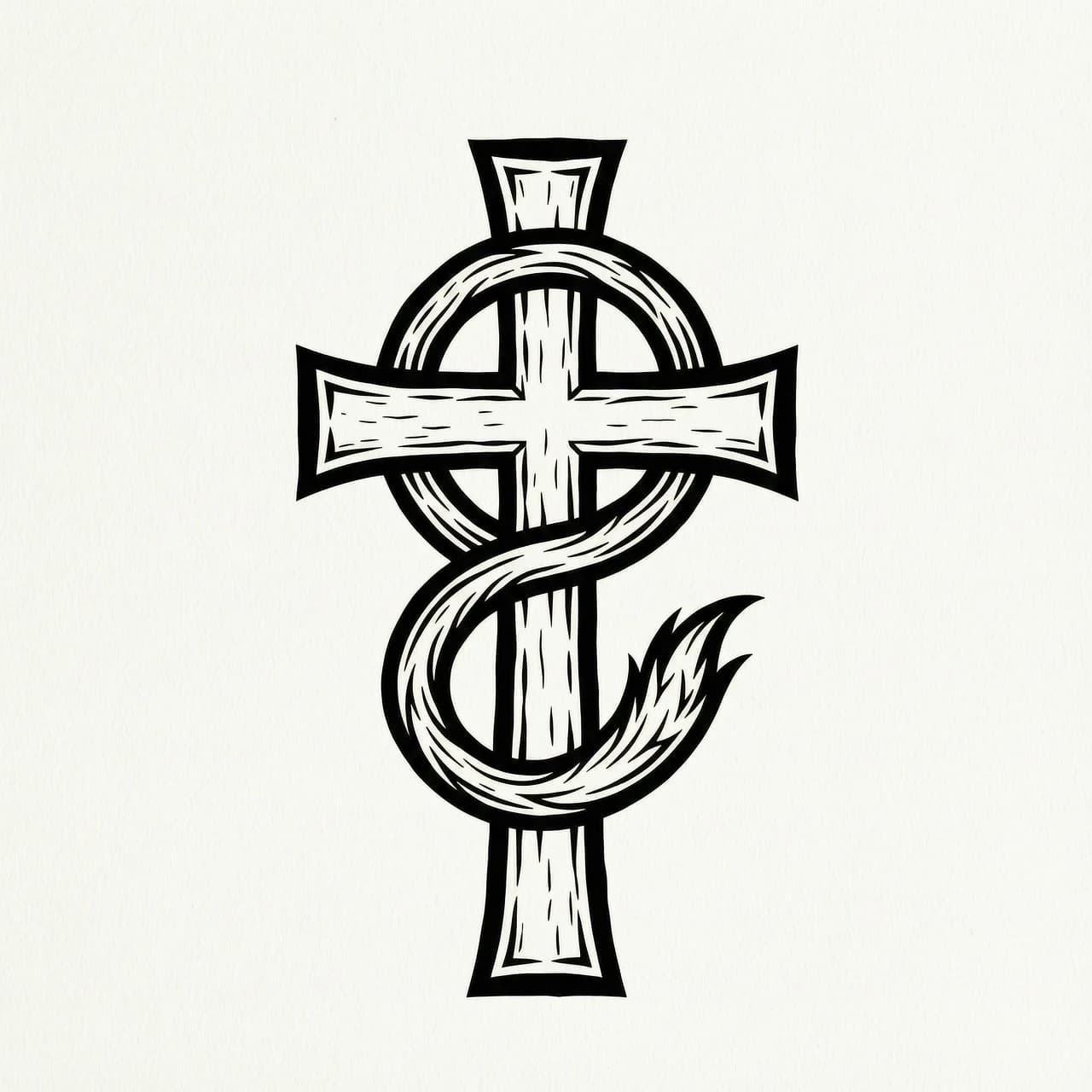 Minimalist engraving style, the Flamel cross, a stylized three-tailed fox replaces the snake on the cross, the fox flows along the cross contour forming a loop, vector line art, woodcut texture, stark black ink, no halftones, tattoo stencil, symmetrical, clean negative space, --no photo realism