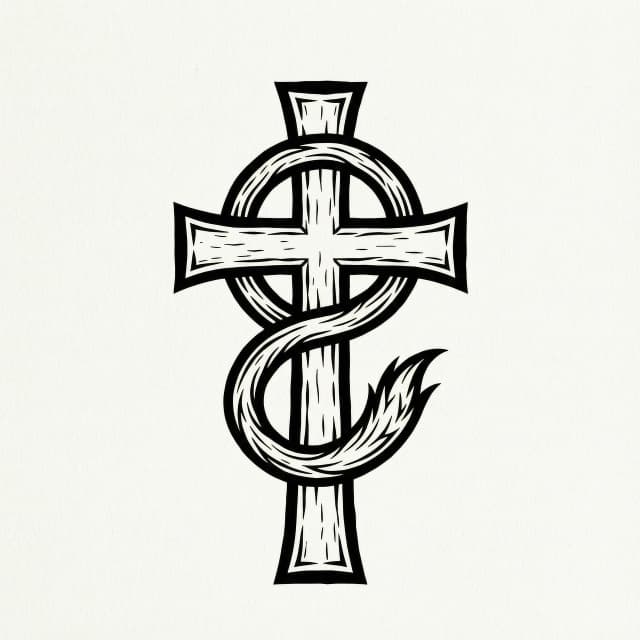 Minimalist engraving style, the Flamel cross, a stylized three-tailed fox replaces the snake on the cross, the fox flows along the cross contour forming a loop, vector line art, woodcut texture, stark black ink, no halftones, tattoo stencil, symmetrical, clean negative space, --no photo realism