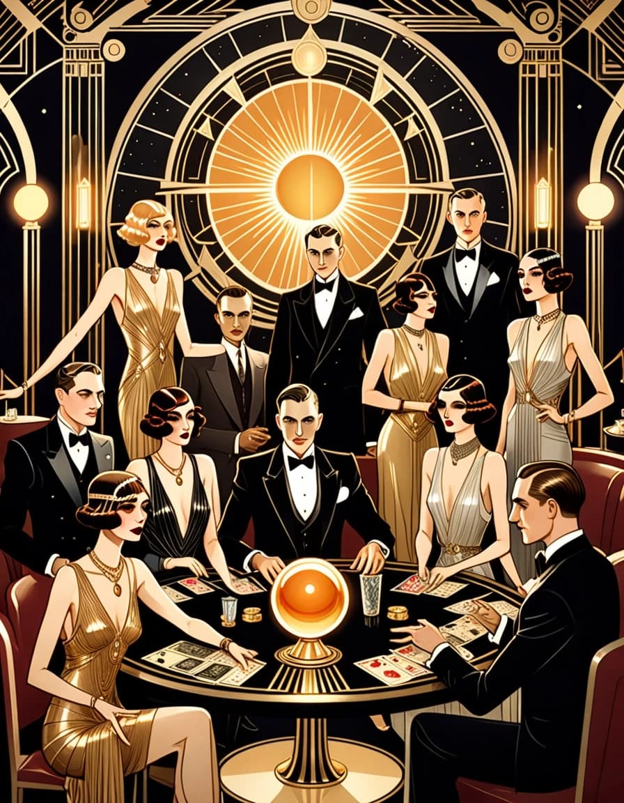 A secret occult club in luxurious 1920s Art Deco style. Several elegant men and women dressed in authentic Art Deco evening fashion sit around a long black table. Women wear glamorous gowns and golden jewelry, while the men wear immaculate formal suits. Tarot cards and a glowing crystal sphere rest at the center of the table. Behind them is a gigantic golden sun symbol surrounded by precise geometric lines. Golden lamps, black marble, mirrors, velvet and atmospheric haze create the feeling of an exclusive secret society. Perfect symmetry, luxury and mystery, Great Gatsby glamour blended with occult salon aesthetics, cinematic photorealism, vertical poster.