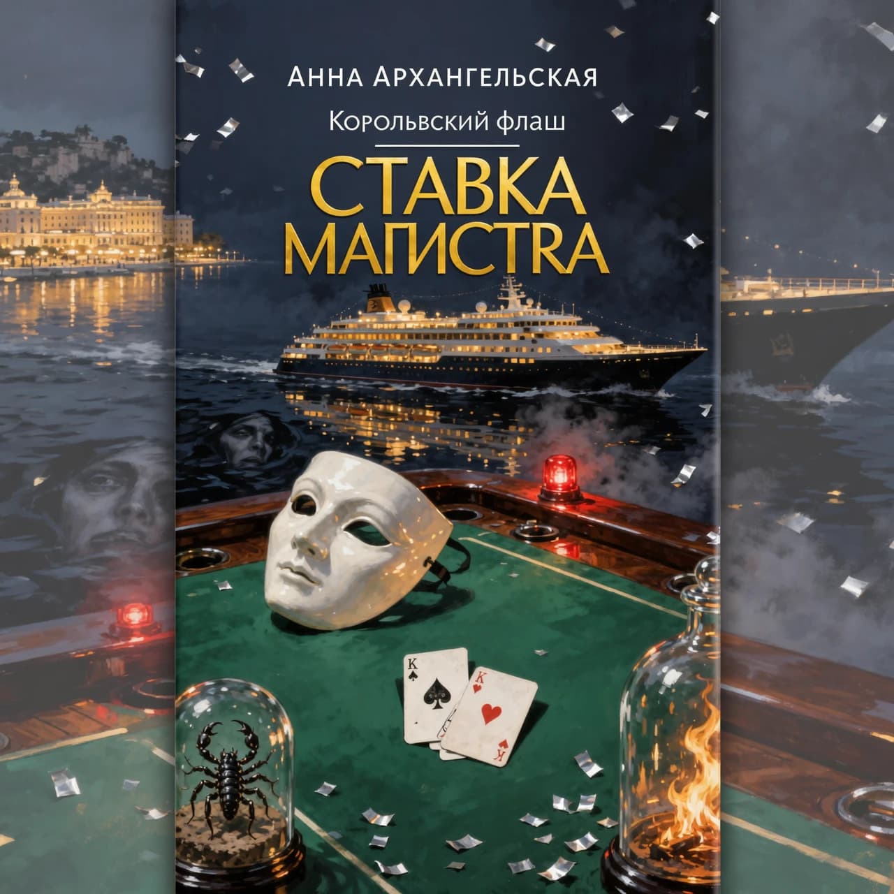 Book cover for a Russian-language psychological detective thriller.  Автор: Анна Архангельская, серия: "Королевский флеш", название: "СТАВКА МАГИСТРА", Vertical 2:3 composition. Cinematic digital painting in a high-end noir style. Белая маска двуликого Януса, A luxurious Mediterranean cruise liner at night, viewed from a high-angle perspective, drifting through the deep, ink-black waters of a winter sea near the shimmering, distant golden lights of Monte Carlo. The ship is an imposing silhouette of elegance and hidden menace: the upper decks glow with a warm, opulent amber light, while the lower decks dissolve into thick, smoke-like shadows. 

In the sharp foreground, a dramatic still life: a single, pristine white porcelain theatrical half-mask floats weightlessly above a deep emerald green felt poker table. Beside it, the dark, menacing silhouette of a black scorpion is visible inside a glass terrarium. Two playing cards lie on the felt: the King of Spades and the King of Hearts, with a Joker card partially tucked beneath them. The surface of the dark water below reflects a haunting, distorted human face, blending reality with psychological dread. 

Lighting: Dramatic chiaroscuro, with warm gold highlights clashing against midnight navy shadows. Small, piercing crimson emergency lights and glints of silver confetti provide sharp accents. Subtle reflections of fire dance within the glass elements. Mood: Expensive, tense, psychological suspense, winter glamour, and noir mystery. Palette: Midnight navy, emerald green, old gold, ivory white, and controlled crimson. Composition: Uncluttered, leaving clean, atmospheric space