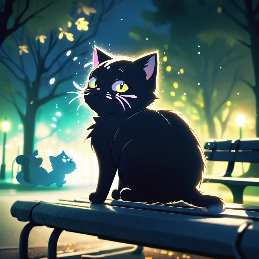 A detailed black chibi anime cat lying under a park bench at night, watching with big awestruck eyes. Neon streaks of colored light drawn in the air form simple anime fish shapes swimming by. Heavy bokeh particles, photorealistic environment, the cat and fish in vibrant 2D anime style.