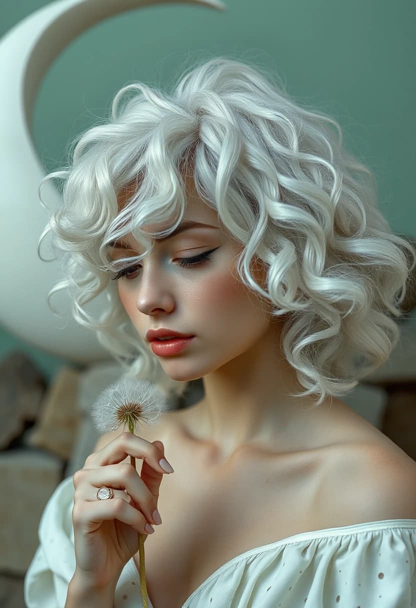 Description: Photorealistic detailed concept art in a minimalist style, various textures, stone and bark, aesthetic, attractive white albino woman looking down, mint lips, conceptual mint color and white, recording, really huge white hair curly hair white dandelion, perforated pages, French hairstyle, woman and giant mint crescent moon, mint background.