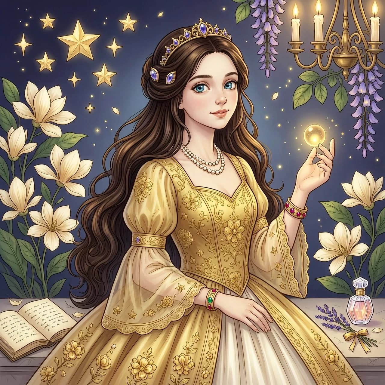 Create an artwork of a character — a girl, fairy‑tale-like, with long dark chocolate hair, blue eyes, a luxurious golden dress, soft lighting, and high detail.