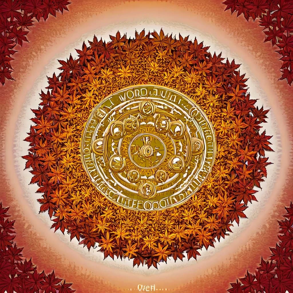 Digital image with double exposure and overlay of layers and textures. Vector graphics. The word "OCEHb" is made of gold, crimson and green skeletonized textured autumn leaves in various shades of yellow, orange, green and red. An unusual font made of autumn leaves. A very detailed and impressive font. Font and background contrast, fading, gradient. Background: a lot of dark with light ornaments. Delicate elements of the floral pattern. Gothic, decorative style, Art Nouveau. Abstract vector fractal pattern, Zentangle, Gothic, dark art. In the style of Alphonse Mucha, Gustav Klimt, Aubrey Beardsley and Roman Tirtov. High level of detail.