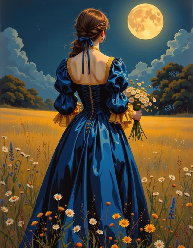 A masterpiece,  in the style of the 1980s, with bold lines, dynamic strokes and rich textures, on background with a touch of nostalgia, perhaps with subtle drawings inspired by cellulose and vintage, worn textures similar to paper, oil painting, Full-length oil painting of a solitary woman standing in a moonlit meadow at dusk, viewed from behind in three-quarter pose, wearing an 18th-century deep ultramarine velvet gown with shimmering gold satin underskirt and ornate laced cuffs; her hair braided and coiled with a dark ribbon, holding a loose bouquet of wildflowers—daisies, cornflowers, buttercups—against a backdrop of tall grasses, delicate meadow flowers and shadowed ancient trees with a soft mist rising. Dramatic chiaroscuro lighting, soft rim highlights on velvet folds and gold fabric, rich painterly brushwork, high realism with fine texture details in lace and fabric, warm gold and cool blue contrast, cinematic, romantic, nostalgic mood, high resolution, fine grain canvas texture, subtle atmospheric haze, masterful academic/Baroque composition and color grading. celshading, simple background