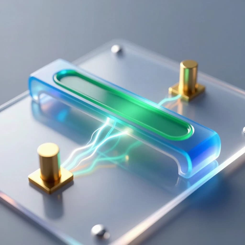A hyper‑realistic scientific 3D illustration of a single organic field‑effect transistor with a bottom gate and top contacts of the following structure (from bottom to top): a flexible transparent PET substrate, a continuous aluminum gate, a thin translucent blue layer of aluminum oxide dielectric, a thin green single‑crystal organic semiconductor, two gold contacts for the source (on the left) and the drain (on the right), with a distance between them that is 10 times greater than the thickness of the semiconductor layer. The device emits a slight internal glow, indicating the flow of current through the channel. Macro photography, extreme close‑up, shallow depth of field with focus on the active layers. Cold, directional studio lighting from above combined with soft backlighting from below through a substrate to accentuate the gate‑dielectric interface. Reflections with ray tracing, caustics, and electric field aura effects around the contacts. A clean, high‑tech atmosphere, a sterile environment, no contact pads. 8K resolution, complex microscopic details, photorealistic textures.