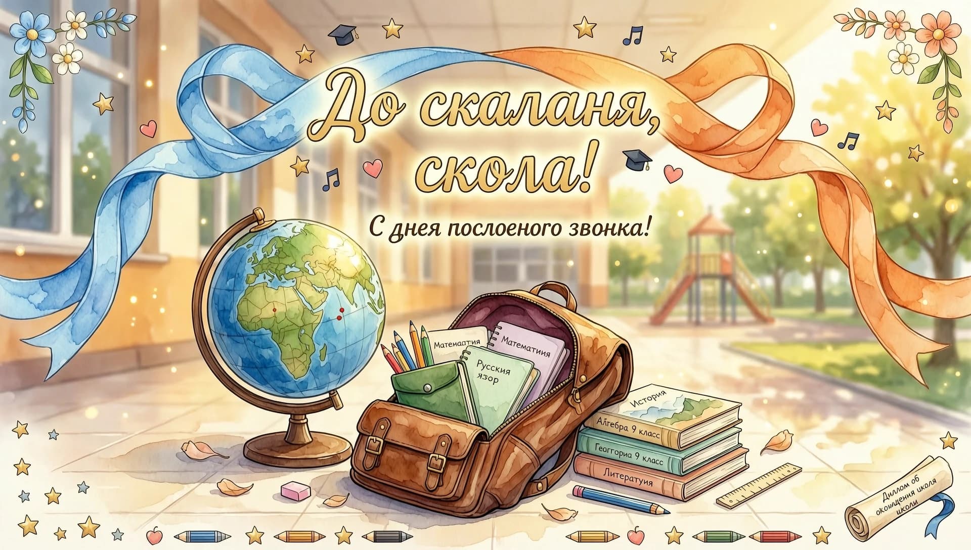 Праздничная открытка на последний звонок. На первом плане красивая композиция из школьных атрибутов: глобус, стопка книг, коричневый школьный ранец, выглядывающий из него пенал и тетради. Над предметами висят две воздушные ленты с надписью "До свидания, школа!", одна лента голубая, другая оранжевая. На фоне — размытый школьный двор или класс, залитый ярким весенним солнцем. Стиль: праздничный, нежный, акварельная иллюстрация, легкое сияние (глоу), кинематографичный свет.