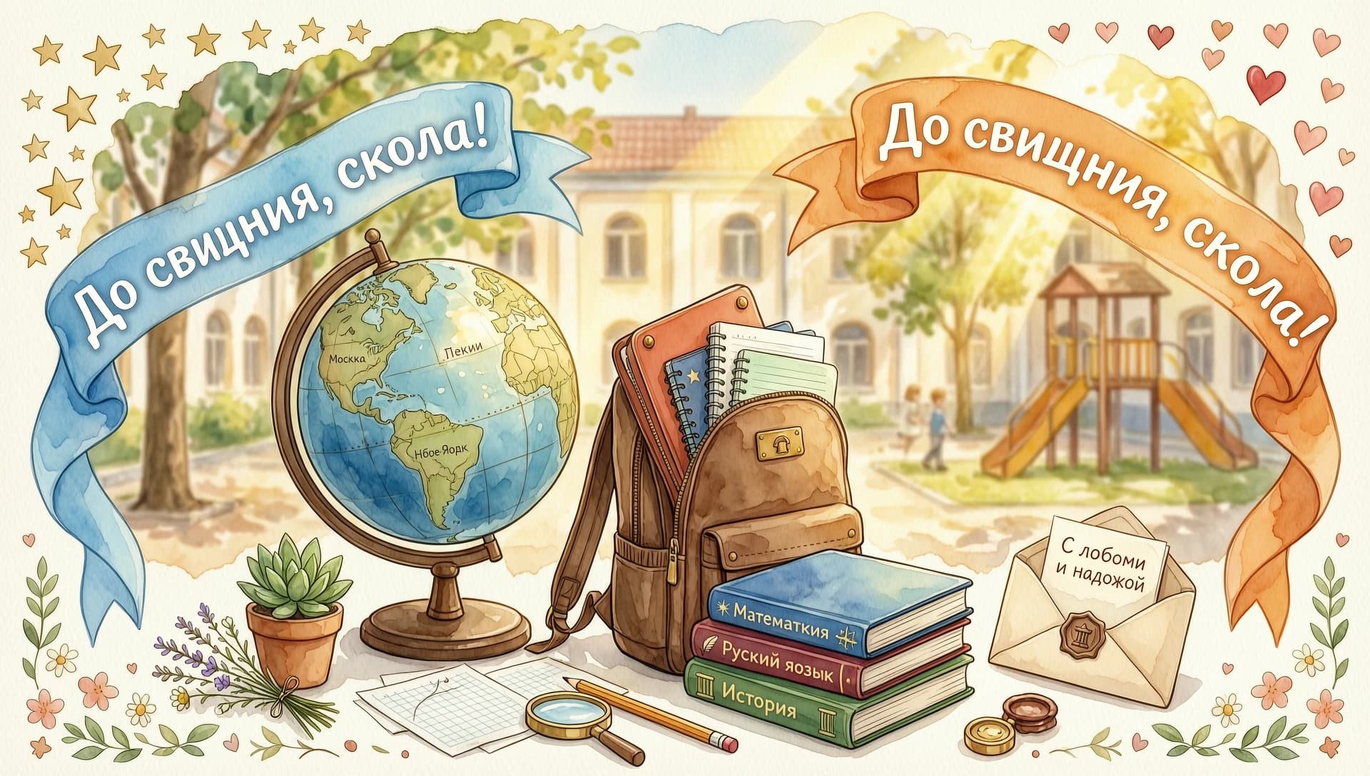 Праздничная открытка на последний звонок. На первом плане красивая композиция из школьных атрибутов: глобус, стопка книг, коричневый школьный ранец, выглядывающий из него пенал и тетради. Над предметами висят две воздушные ленты с надписью "До свидания, школа!", одна лента голубая, другая оранжевая. На фоне — размытый школьный двор или класс, залитый ярким весенним солнцем. Стиль: праздничный, нежный, акварельная иллюстрация, легкое сияние (глоу), кинематографичный свет.