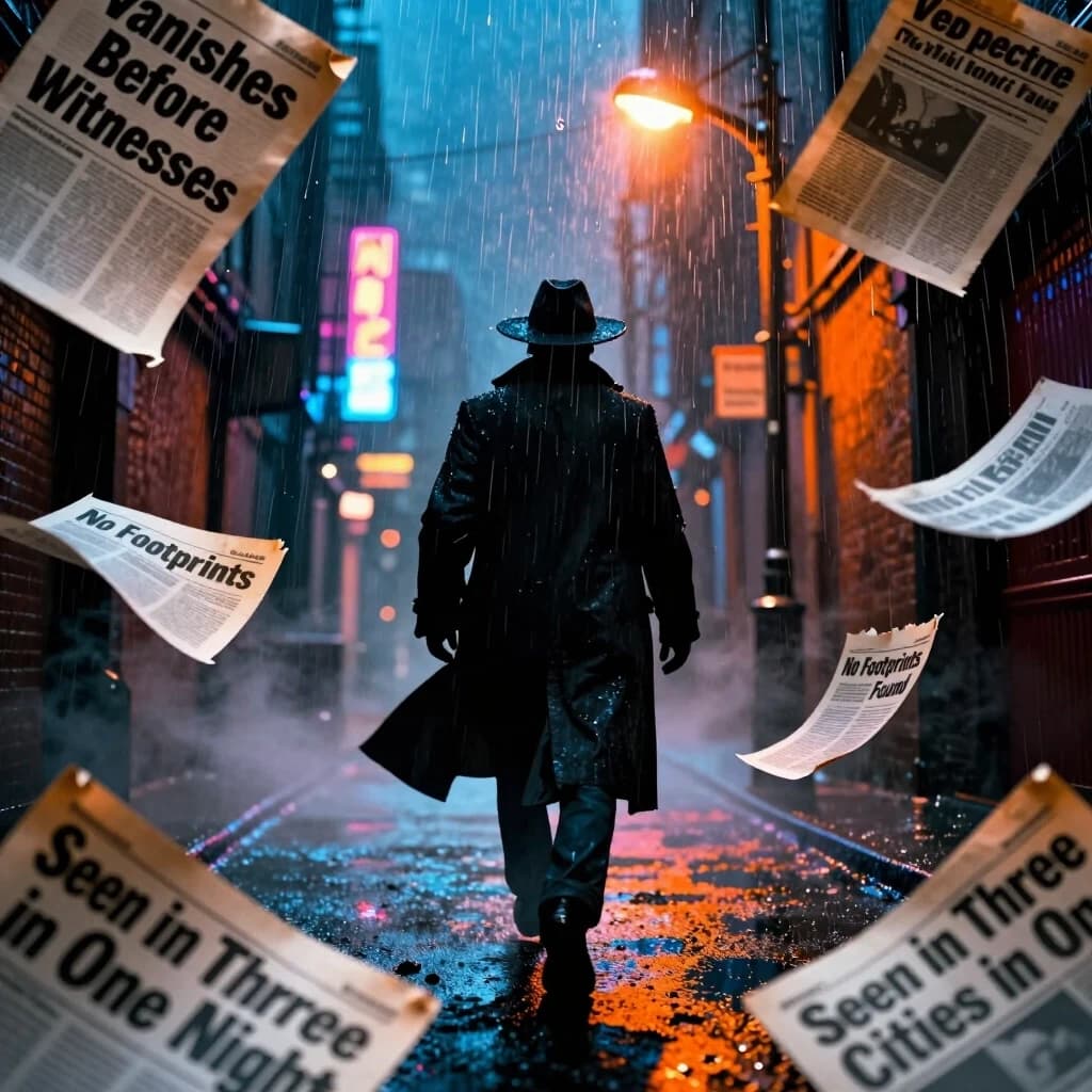 Dynamic cinematic composition that looks like a 3D recreation layered over a collage of yellowed newspaper clippings. In the center, a mysterious figure in a long coat and wide-brimmed hat walks through a rain-soaked alley, back to the viewer; his silhouette is sharp and hyper-detailed, but his face is always hidden by shadows or the brim. Around him, floating fragments of paper show headlines in bold fonts: “Vanishes Before Witnesses,” “No Footprints Found,” “Seen in Three Cities in One Night.” Some clippings curl at the edges, others tear apart mid-air as if blown by wind. Rain streaks are rendered with high-speed clarity, and each drop reflects the neon signs of the alley. The background is a gritty city at night with deep blues and electric orange; fog swirls around the figure’s legs. Lighting is dramatic: a single streetlamp creates a halo effect and strong rim light. Textures: crisp paper grain, wet asphalt, matte fabric, glossy ink. 8K, octane render, volumetric fog and rain, motion blur on the floating papers, depth of field (sharp on the figure, softer on the clippings), dynamic angle, sense of movement and mystery.
