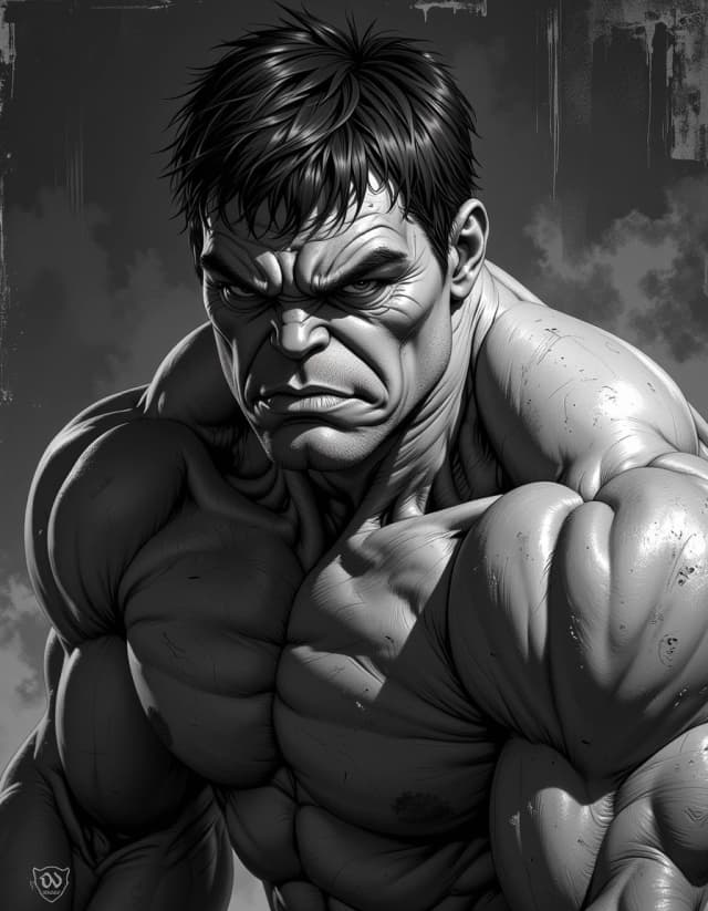 A masterpiece,  in the style of the 1980s, with bold lines, dynamic strokes and rich textures, on background with a touch of nostalgia, perhaps with subtle drawings inspired by cellulose and vintage, worn textures similar to paper, oil painting,   marvels the hulk superhero photographed by lee jeffries, expressive eyes, dark background, proportionate body, photo realistic cloths, extreme detail, high contrast, hd, HDR, ray tracing, subsurface scattering , black and white, smoke effects unreal engine 5, octane render, v - ray, highly detailed, ultra detail, volumetric lighting. hdr