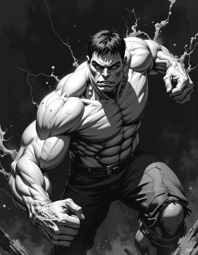 A masterpiece,  in the style of the 1980s, with bold lines, dynamic strokes and rich textures, on background with a touch of nostalgia, perhaps with subtle drawings inspired by cellulose and vintage, worn textures similar to paper, oil painting,   marvels the hulk superhero photographed by lee jeffries, expressive eyes, dark background, proportionate body, photo realistic cloths, extreme detail, high contrast, hd, HDR, ray tracing, subsurface scattering , black and white, smoke effects unreal engine 5, octane render, v - ray, highly detailed, ultra detail, volumetric lighting. hdr