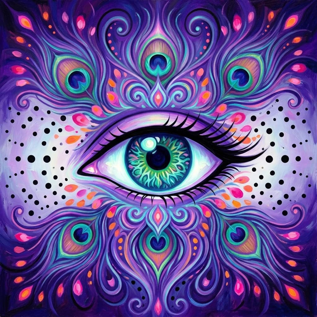 In the painting, we see a bright eye located in the center of the composition. This work is made in the style of psychedelic art, filled with deep symbolic elements. The color palette: purple and blue: These cool shades dominate around the eye, creating a sense of depth and mystery. They are associated with intuition and spirituality. Green and turquoise: The iris of the eye is made in these colors, symbolizing harmony and balance. Black outline: Clear lines accentuate the shape of the eye and add drama. Bright accents: Pink and orange spots resemble flower petals, giving the image vivacity and energy. The composition. The painting is symmetrical, which creates a sense of balance. The eye is surrounded by patterns resembling peacock feathers, which enhances the impression of mysticism and wisdom. Black dots on a light background create contrast and draw attention to the center of the picture. This drawing evokes associations with esotericism and the mysteries of the universe, inviting the viewer to look deeper into the world of fantasies and dreams. (Style): fantasy, fantasy art, shabby chic, rococo, baroque, art design, romance, close-up, high quality, gradient, grace, inner light, 4k, complex details, fairy tale, eyes.