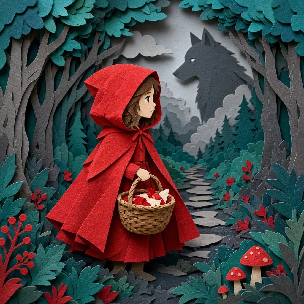 3D multi-layered papercut art of Little Red Riding Hood with a mysterious silhouette of a wolf in the background forest, layered papercraft, vibrant red, bright teal, and shades of gray color palette, highly detailed, sharp edges, distinct paper textures, soft drop shadows between layers, voluminous composition, 3D depth, studio lighting, craft art style, 8k resolution