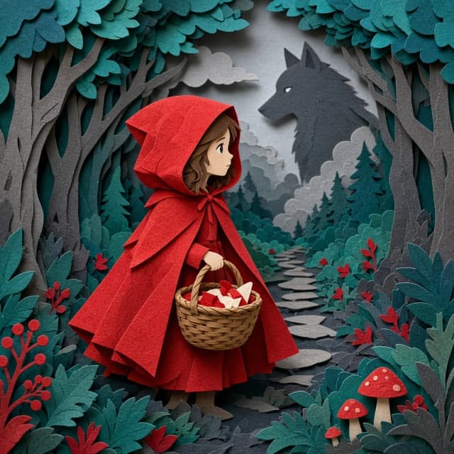 3D multi-layered papercut art of Little Red Riding Hood with a mysterious silhouette of a wolf in the background forest, layered papercraft, vibrant red, bright teal, and shades of gray color palette, highly detailed, sharp edges, distinct paper textures, soft drop shadows between layers, voluminous composition, 3D depth, studio lighting, craft art style, 8k resolution