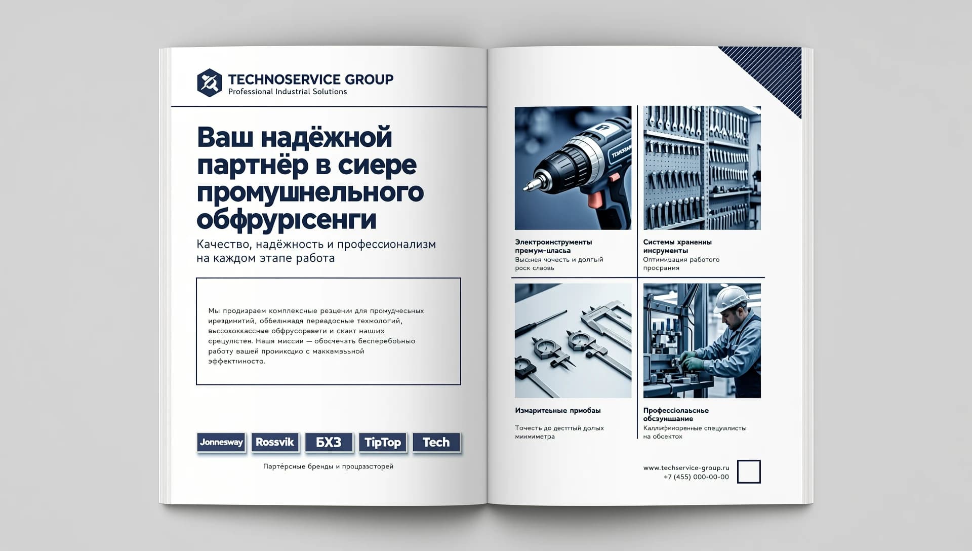 a4 album layout colors: blue, white draw a mockup of two pages, left page - company logo at the top left, title below, subtitle below that, text block below that, also place 5 partner brand logos: Jonnesway, Rossvik, BKhZ, TipTop, Tech on the right page 4 pictures with small callouts with text descriptions