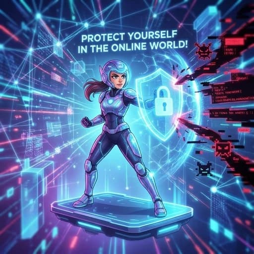 Изображение: Щит с символом Wi-Fi.
Подпись: «Защити себя в онлайн-мире!»
Стиль: стикер, 2D