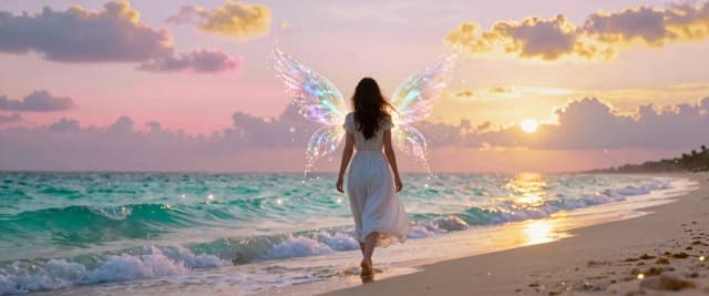 A woman in a light white dress walking along a sandy ocean shore. Turquoise waves gently touching her feet. Behind her back, magical shimmering wings formed from sparkling dust and glitter. Soft pastel sky with pink, lavender and golden clouds at sunset. Warm golden light reflecting on the water and sand. Sparkling fairy lights and tiny glowing particles floating in the air. Dreamy, magical, ethereal, peaceful atmosphere. Photorealistic, warm sunset tones, soft light, detailed, 8k