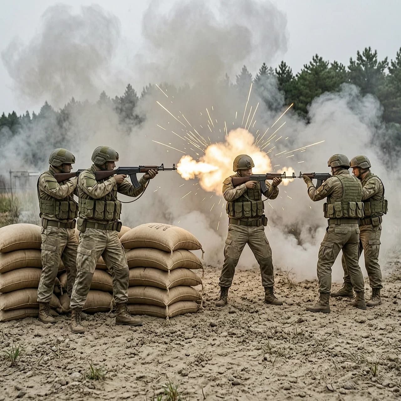 Манекены за песчаными мешками стреляют в новичков, военный сеттинг, динамичная сцена, дым, вспышки выстрелов, реалистичное оружие, разрешение 512x512, реалистичный стиль, военный колорит (хаки, песочный, серый)