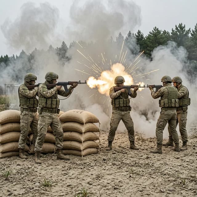 Манекены за песчаными мешками стреляют в новичков, военный сеттинг, динамичная сцена, дым, вспышки выстрелов, реалистичное оружие, разрешение 512x512, реалистичный стиль, военный колорит (хаки, песочный, серый)