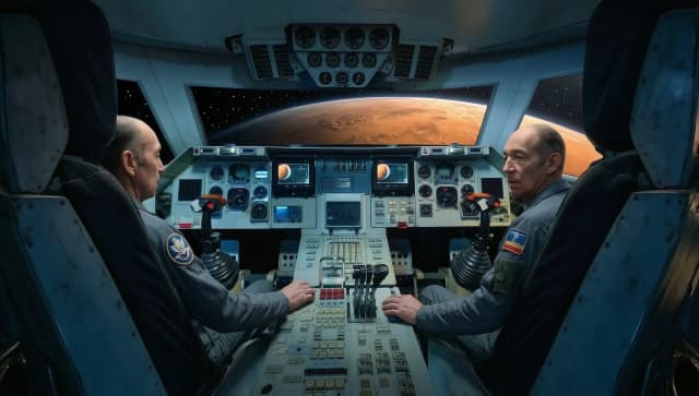 Два космонавта в креслах в кабине управления космическим челноком Буран смотрят вперед  летят к Марсу. Левый космонавт правой рукой держит джойстик управления, Правый космонавт левой рукой держит рукой  джойстик управления. В лобовом стекле кабины виден приближающийся Марс, в боковых стеклах видны только края  Марса и темный космос со звездами