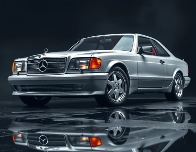 Subject: Mercedes-Benz 560 SEC W126 AMG widebody coupe, two-door
Color: silver metallic body, polished, deep reflective paint finish
Wheels: AMG Gullideckel monoblock wheels, silver multi-spoke deep-dish design, low-profile tires, lowered stance
Body modifications: genuine AMG widebody flares, AMG front bumper with integrated foglights and lip spoiler, AMG side skirts, rear AMG bumper with subtle ducktail spoiler on trunk
Details: chrome vertical grille with large Mercedes star, amber/orange front turn signal lenses, rectangular sealed headlights
Angle/Perspective: low front 3/4 angle, near ground level, dramatic upward sweep emphasizing long flat hood and wide stance
Lighting: single dramatic side-top light source, deep shadows, chiaroscuro style, headlights subtly glowing warm white
Background: pure black, no environment details, studio void
Ground surface: wet asphalt, reflective, scattered raindrops
Reflection: sharp mirror reflection of car and lights on wet ground
Atmosphere: subtle fog/haze in background
Color grading: high contrast, cool silver tones against deep black, warm amber accents from turn signals, cinematic
Mood: elegant, powerful, timeless luxury aggression, "Gentleman's muscle car"
Camera: wide-angle lens feel, slight distortion emphasizing long hood and width
Quality: photorealistic, automotive magazine cover quality, 8k detail, sharp focus on wheel and grille details
Composition: vertical/portrait orientation, car centered slightly left, long hood leading into frame