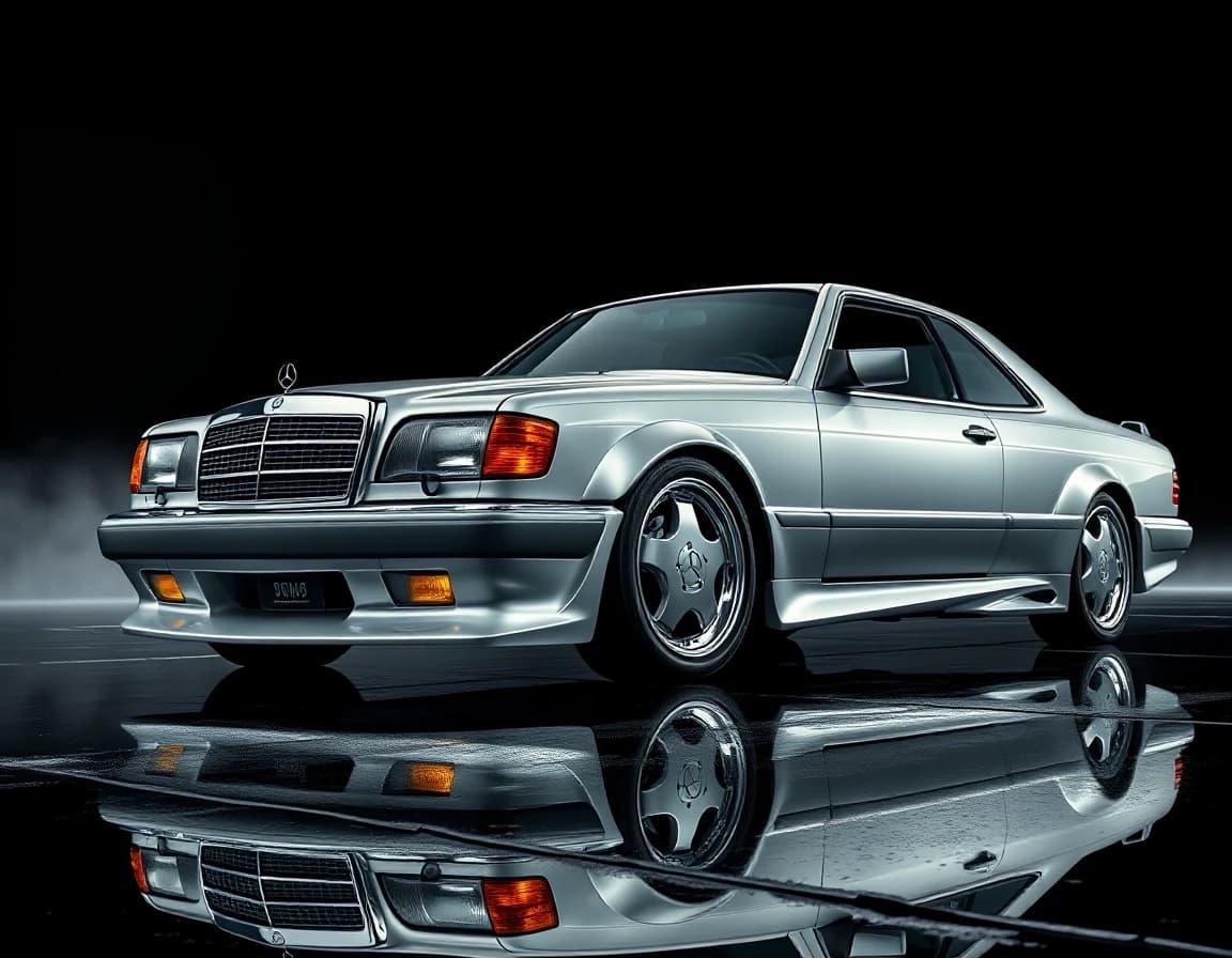 Subject: Mercedes-Benz 560 SEC W126 AMG widebody coupe, two-door
Color: silver metallic body, polished, deep reflective paint finish
Wheels: AMG Gullideckel monoblock wheels, silver multi-spoke deep-dish design, low-profile tires, lowered stance
Body modifications: genuine AMG widebody flares, AMG front bumper with integrated foglights and lip spoiler, AMG side skirts, rear AMG bumper with subtle ducktail spoiler on trunk
Details: chrome vertical grille with large Mercedes star, amber/orange front turn signal lenses, rectangular sealed headlights
Angle/Perspective: low front 3/4 angle, near ground level, dramatic upward sweep emphasizing long flat hood and wide stance
Lighting: single dramatic side-top light source, deep shadows, chiaroscuro style, headlights subtly glowing warm white
Background: pure black, no environment details, studio void
Ground surface: wet asphalt, reflective, scattered raindrops
Reflection: sharp mirror reflection of car and lights on wet ground
Atmosphere: subtle fog/haze in background
Color grading: high contrast, cool silver tones against deep black, warm amber accents from turn signals, cinematic
Mood: elegant, powerful, timeless luxury aggression, "Gentleman's muscle car"
Camera: wide-angle lens feel, slight distortion emphasizing long hood and width
Quality: photorealistic, automotive magazine cover quality, 8k detail, sharp focus on wheel and grille details
Composition: vertical/portrait orientation, car centered slightly left, long hood leading into frame