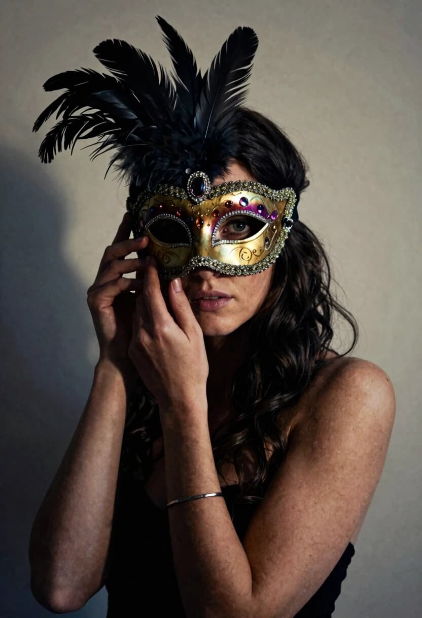 Masterpiece, best quality, ultra detailed, 8k, photorealistic, cinematic lighting, sharp focus.
A 25-year-old white woman with long dark wavy hair, holding an ornate Venetian mask adorned with feathers and precious gemstones that covers half her face. Her visible eye gazes directly at the viewer with intense emotion. She wears a simple metallic bracelet on her wrist. Tight intimate portrait framing, focus on face and upper torso.
Minimalist studio setting, colored. Soft directional lighting creating strong shadows behind her. Neutral controlled environment. High-contrast photography, dramatic chiaroscuro lighting, gritty textured realism. Emphasis on skin and mask details — feathers and gemstones catching light. Moody, introspective, surreal atmosphere. Shallow depth of field, cinematic composition. Artistic style reminiscent of contemporary portrait photography with symbolic, psychological undertones. Rendered with photorealistic precision and grainy film texture.
Correct anatomy. Two arms, two hands. No extra limbs. Natural proportions. 
8k, photorealistic, fine grain, no plastic look,
Camera: Medium format, 85mm, f/2.8, ISO: 100