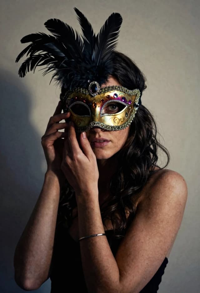 Masterpiece, best quality, ultra detailed, 8k, photorealistic, cinematic lighting, sharp focus.
A 25-year-old white woman with long dark wavy hair, holding an ornate Venetian mask adorned with feathers and precious gemstones that covers half her face. Her visible eye gazes directly at the viewer with intense emotion. She wears a simple metallic bracelet on her wrist. Tight intimate portrait framing, focus on face and upper torso.
Minimalist studio setting, colored. Soft directional lighting creating strong shadows behind her. Neutral controlled environment. High-contrast photography, dramatic chiaroscuro lighting, gritty textured realism. Emphasis on skin and mask details — feathers and gemstones catching light. Moody, introspective, surreal atmosphere. Shallow depth of field, cinematic composition. Artistic style reminiscent of contemporary portrait photography with symbolic, psychological undertones. Rendered with photorealistic precision and grainy film texture.
Correct anatomy. Two arms, two hands. No extra limbs. Natural proportions. 
8k, photorealistic, fine grain, no plastic look,
Camera: Medium format, 85mm, f/2.8, ISO: 100