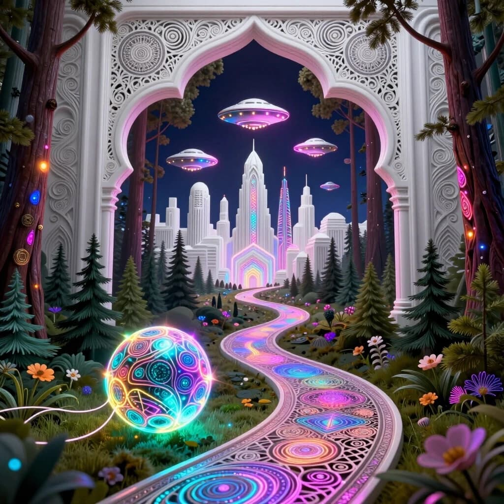 Background: a winding path leading from the forest to a white city. In the middle and far distance, a street in a futuristic ornamental white city with a (thrilling triphobic) neon pattern, spaceships, and flying saucers. Porous surfaces, zentangle, and shimmering. In the foreground, a magical forest with pine trees and flowers. A neon cybernetic ball rolls along the path. A thread from the ball. Shimmering and sparking. Glowing from the inside. Openwork metal carving, like delicate lace. Contrasting edges. Sparkling, shimmering colors. Style: Rococo, Neo-Rococo, Baroque, Mudéjar, light oriental motifs, Art Nouveau. High quality and detailed work. Baroque curves. Fascinating contrasting image. Attracts the eye. Play of light. Depth and volume. Art Deco, Gothic. In the style of Andrew Jones, Julie Dillon, David Gallchatt, Josephine Wall. Glowing patterns, bioluminescent drawing. Aetherial lighting, jewelry with details, mystical atmosphere. High detail, surrealism. Otherworldly effect, sacred geometry, futuristic tribal, rainbow, magical realism.